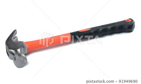 Metal hammer with rubber black handle isolated on white background. 91949690