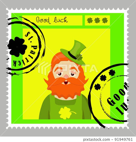 St Patrick's Day stamps. Postage stamps for letters. Patrick's stickers. Good luck. Hand drawn vector lettering with green hat and shamrock. Beer festival poster. Happy Ireland shamrock poster. St Patrick's Day stamps. Postage stamps for letters. Patrick's stickers. Good luck. Hand drawn vector lettering with green hat and shamrock. Beer festival poster. Happy Ireland shamrock poster. 91949761