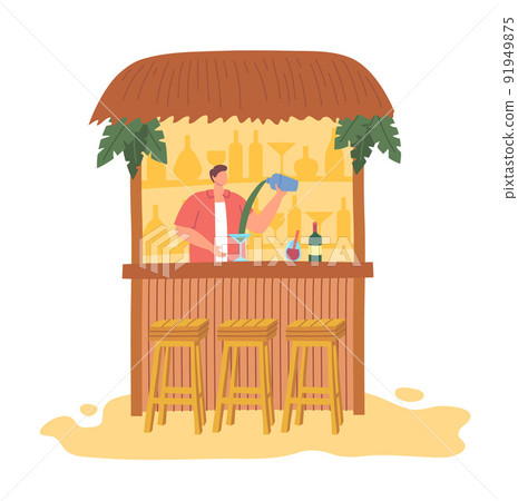 Cartoon Color Summer Alcohol Bar and Bartender Character Flat Design Style Professional Service. Vector illustration of Barman Cartoon Color Summer Alcohol Bar and Bartender Character Flat Design Style Professional Service. Vector illustration of Barman 91949875
