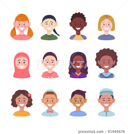 Cartoon Color Characters Kids Portraits Set Flat Design Style Faces of Girls and Boys. Vector illustration 91949876