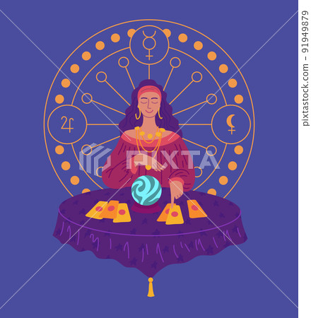 Cartoon Color Character Woman Fortune Teller with Magic Crystal Ball Concept Flat Design Style. Vector illustration of Gypsy Girl 91949879