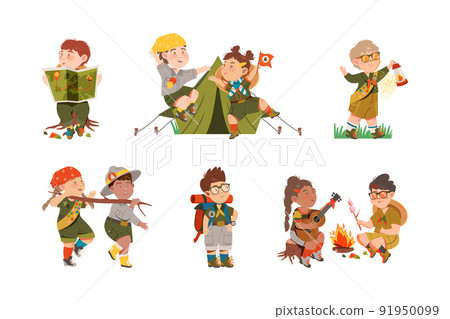 Cute Boy and Girl as Junior Scout Camping at Nature Vector Set Cute Boy and Girl as Junior Scout Camping at Nature Vector Set 91950099