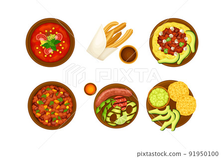Stew with Beans and Taco on Plate as Traditional Mexican Dish Vector Set Stew with Beans and Taco on Plate as Traditional Mexican Dish Vector Set 91950100