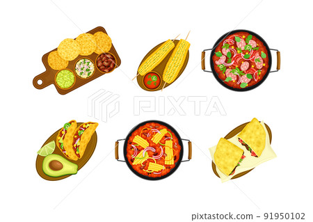Hot Taco Crumpet and Stew with Maize on Plate as Traditional Mexican Dish Vector Set 91950102