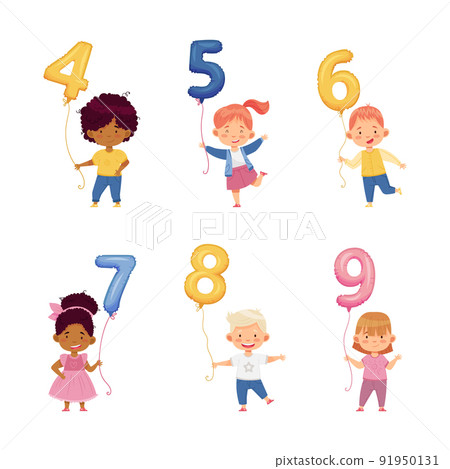 Cute Boy and Girl Holding Number Shaped Balloon by the String Vector Set 91950131