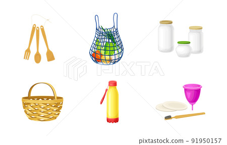 Zero Waste with Mesh Shopping Bag and Wooden Utensils as Everyday Reused Object Vector Set 91950157