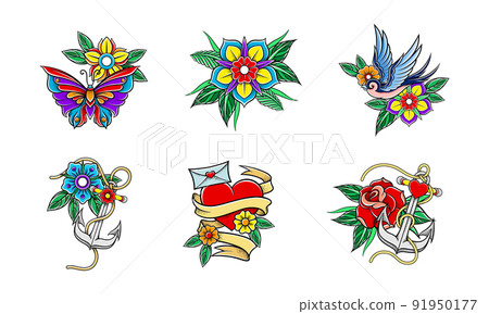 Old School Badge with Stylized Red Rose Bud, Swallow and Anchor Vector Set 91950177