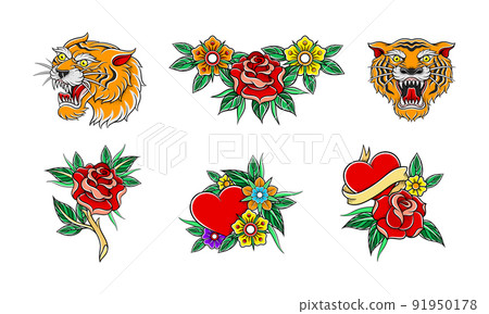 Old School Badge with Stylized Red Rose Bud, Heart and Tiger Head Vector Set Old School Badge with Stylized Red Rose Bud, Heart and Tiger Head Vector Set 91950178