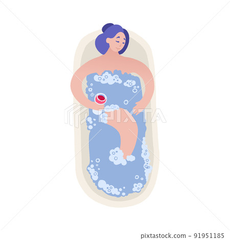Peaceful and calm young woman with hair in a bun and a glass of wine enjoys a relaxing bath. Peaceful and calm young woman with hair in a bun and a glass of wine enjoys a relaxing bath. 91951185