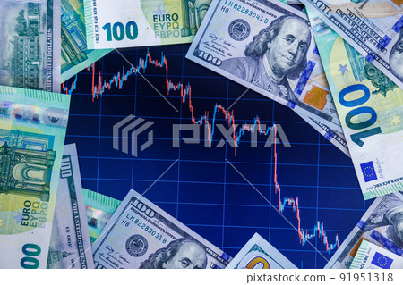 dollar and euro banknotes over digital screen with exchange chart, USD EUR parity concept dollar and euro banknotes over digital screen with exchange chart, USD EUR parity concept 91951318