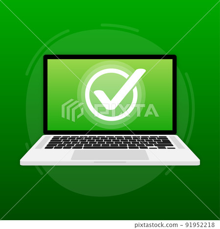 Laptop having approved tick notification, successful operation check mark. Laptop with checkmark notification Laptop having approved tick notification, successful operation check mark. Laptop with checkmark notification 91952218