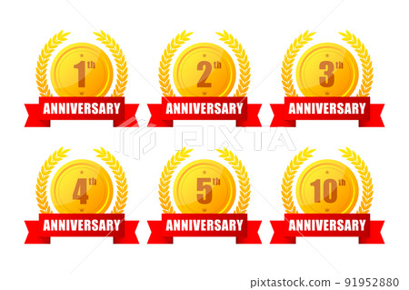 1,2,3,5,10 years anniversary gold button, label, logo on black backgrouund. Vector illustration. 1,2,3,5,10 years anniversary gold button, label, logo on black backgrouund. Vector illustration. 91952880