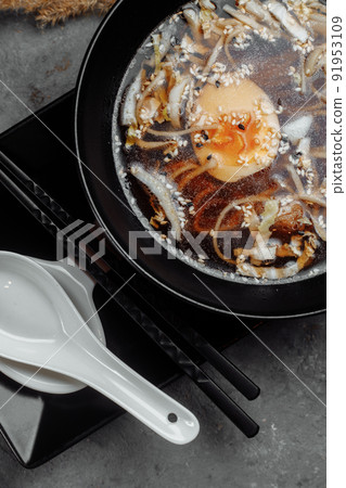 ramen with chicken and pork, SHOYU RAMEN chicken and pork with noodles ramen with chicken and pork, SHOYU RAMEN chicken and pork with noodles 91953109