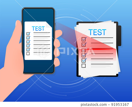 Clipboard with online exam on blue background. Vector illustration. 91953167