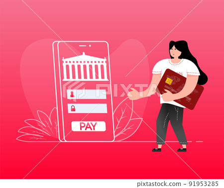 Online banking people in line art style. Digital bank. Business banner 91953285