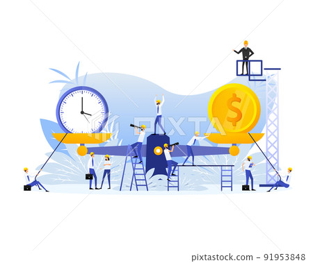 Time is money on scales icon. Flat people. Money and time balance on scale Time is money on scales icon. Flat people. Money and time balance on scale 91953848