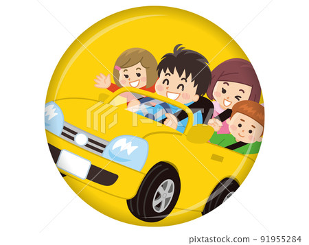 Family driving happily in a yellow car 91955284