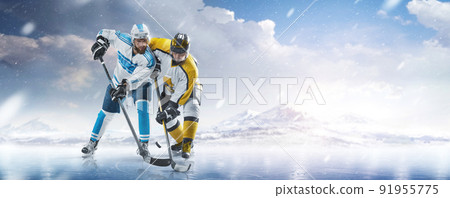 Two professional hockey players fight for the puck on ice. Hockey concept. Fight for the puck. Winter. Sports emotions. Hockey action Two professional hockey players fight for the puck on ice. Hockey concept. Fight for the puck. Winter. Sports emotions. Hockey action 91955775