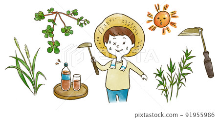 Illustration of a person sweating by weeding on a hot day 91955986