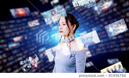 Female virtual reality metaverse looking at the hologram screen Female virtual reality metaverse looking at the hologram screen 91956788