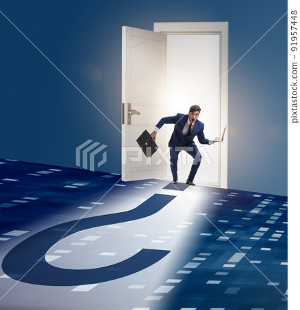 Businessman in uncertainty and question concept Businessman in uncertainty and question concept 91957448