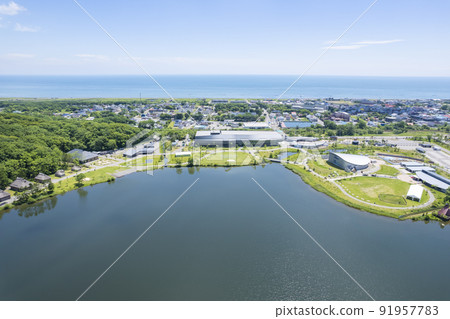 Upopoi seen from the sky above Lake Poroto (aerial view) 91957783
