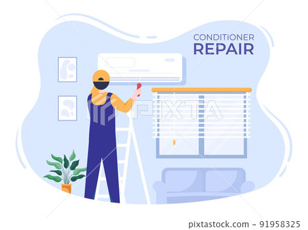 Air Conditioner Repair or Installation Illustration with Unit Breakdown, Maintenance Service, Cooling System in Flat Style Cartoon Concept 91958325