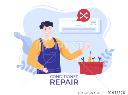 Air Conditioner Repair or Installation Illustration with Unit Breakdown, Maintenance Service, Cooling System in Flat Style Cartoon Concept Air Conditioner Repair or Installation Illustration with Unit Breakdown, Maintenance Service, Cooling System in Flat Style Cartoon Concept 91958328