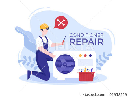 Air Conditioner Repair or Installation Illustration with Unit Breakdown, Maintenance Service, Cooling System in Flat Style Cartoon Concept 91958329