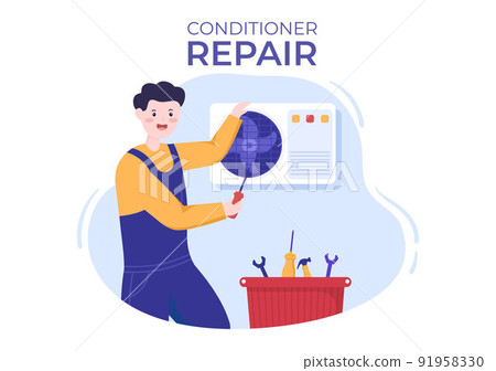 Air Conditioner Repair or Installation Illustration with Unit Breakdown, Maintenance Service, Cooling System in Flat Style Cartoon Concept Air Conditioner Repair or Installation Illustration with Unit Breakdown, Maintenance Service, Cooling System in Flat Style Cartoon Concept 91958330
