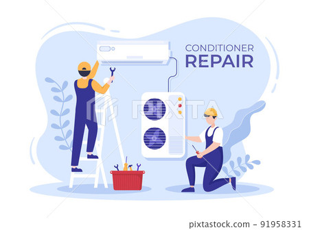 Air Conditioner Repair or Installation Illustration with Unit Breakdown, Maintenance Service, Cooling System in Flat Style Cartoon Concept 91958331