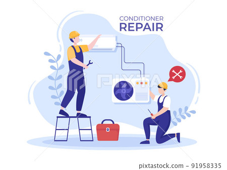 Air Conditioner Repair or Installation Illustration with Unit Breakdown, Maintenance Service, Cooling System in Flat Style Cartoon Concept 91958335