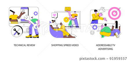 Video content abstract concept vector illustration set. Technical review, shopping sprees video, addressable TV advertising, personal vlog, target marketing, new device review abstract metaphor. Video content abstract concept vector illustration set. Technical review, shopping sprees video, addressable TV advertising, personal vlog, target marketing, new device review abstract metaphor. 91959337