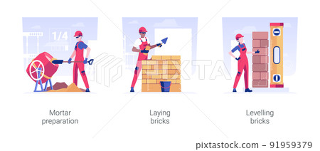 Masonry in private house building isolated concept vector illustration set. Mortar preparation, laying and levelling bricks, brickwork and block work, hire contractor vector cartoon. Masonry in private house building isolated concept vector illustration set. Mortar preparation, laying and levelling bricks, brickwork and block work, hire contractor vector cartoon. 91959379