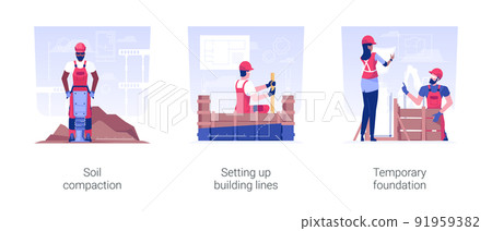 Residential area building process isolated concept vector illustration set. Soil compaction, setting up building lines, temporary foundation, house construction, excavation works vector cartoon. 91959382