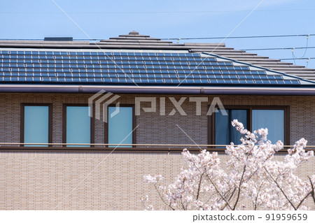 House with cherry blossoms and solar panels Solar power generation ecosystem House with cherry blossoms and solar panels Solar power generation ecosystem 91959659