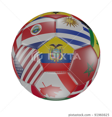 Ecuador flag among other world flags on 3D soccer ball. Isolated on white. Qatar 2022 91960825