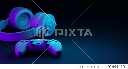 Gamepad and headphones with copy space 3D render Gamepad and headphones with copy space 3D render 91961413