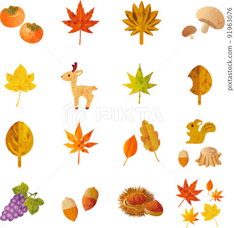 Autumn Autumn taste Animal leaves Maple Fruit Watercolor Analog touch Cute illustration material set 91963076