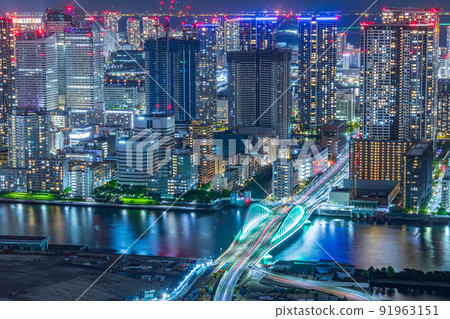 【東京街景】勝哄、晴海、月島方向的城市夜景 91963151
