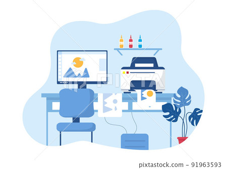 Print Shop Illustration with Production Process at Printing House and Machines for Operating big File Printers in Flat Style Cartoon 91963593