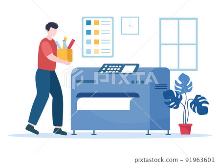 Print Shop Illustration with Production Process at Printing House and Machines for Operating big File Printers in Flat Style Cartoon 91963601
