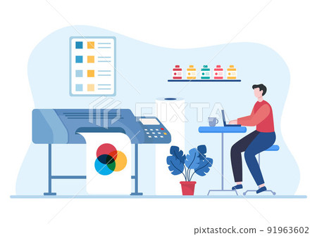Print Shop Illustration with Production Process at Printing House and Machines for Operating big File Printers in Flat Style Cartoon 91963602