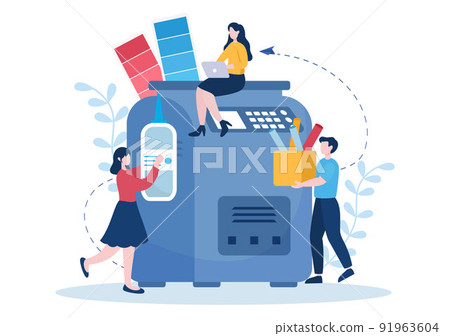 Print Shop Illustration with Production Process at Printing House and Machines for Operating big File Printers in Flat Style Cartoon 91963604