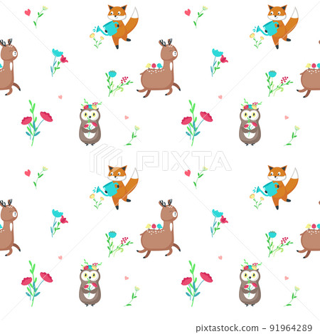 Vector seamless pattern with cute spring animals 91964289