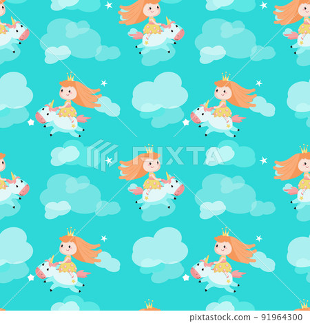 Vector seamless pattern with beautiful princess and unicorn 91964300