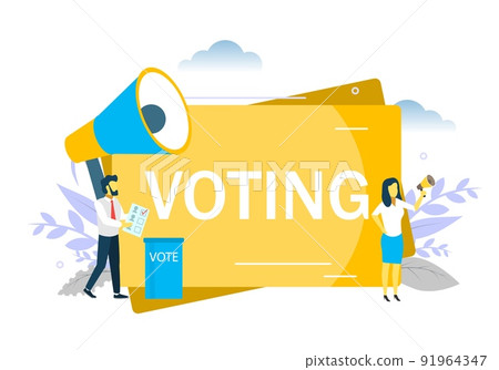 Voting, woman speaking through megaphone. Vector flat illustration for web banner, website page etc. Election campaign, polling day concept 91964347