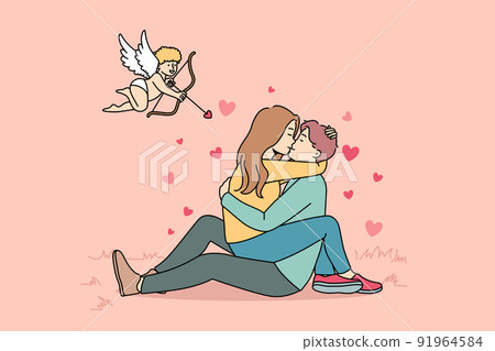 Cupid shooting at couple in love 91964584