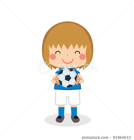 一個可愛的女孩用足球微笑的插圖白色背景全身剪貼畫矢量 91964633