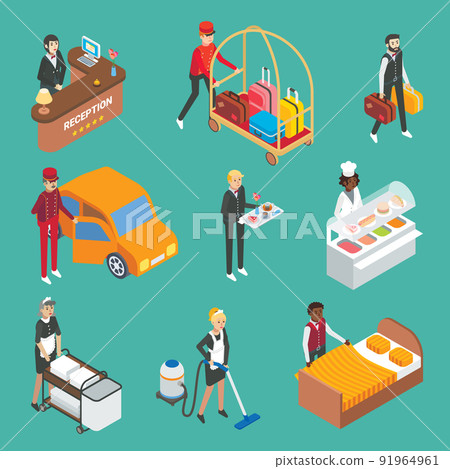 Hotel service workers vector flat isometric icon set Hotel service workers vector flat isometric icon set 91964961